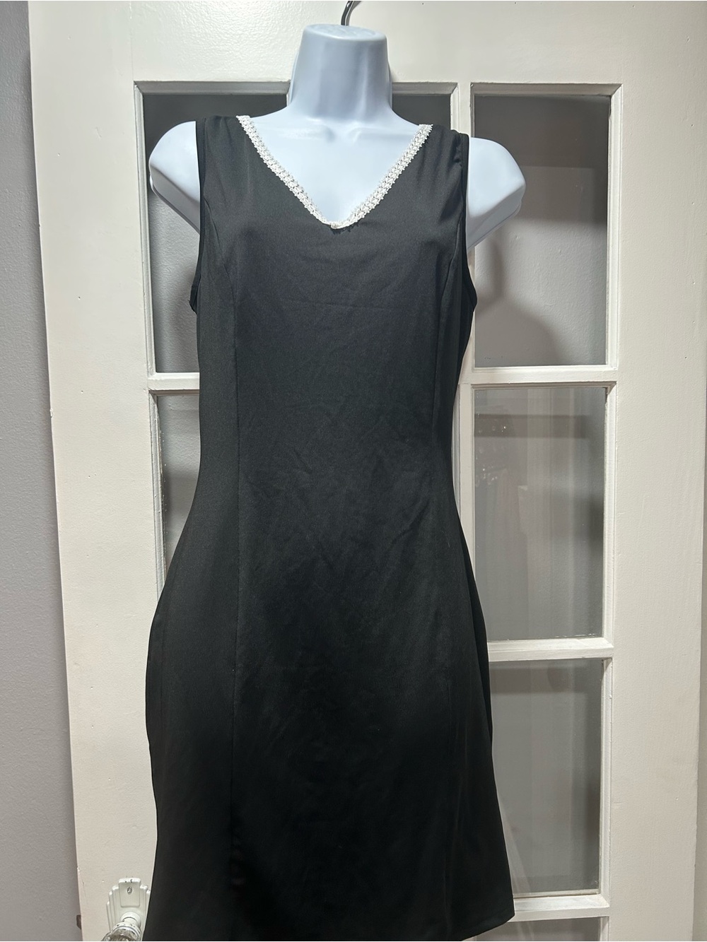 Classic Black V-Neck Mini Dress with Lace Trim